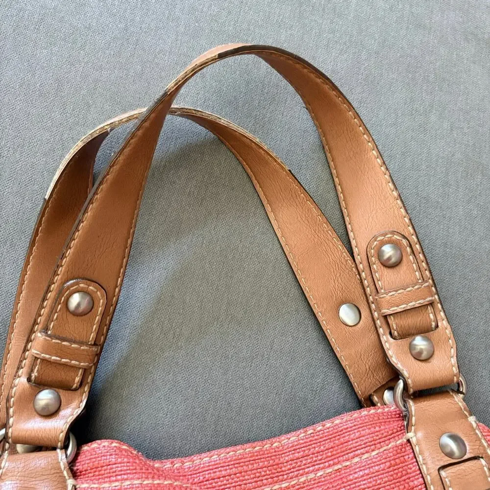 Fossil Y2K Coral Woven Leather Shoulder Bag Floral Lining Boho Handbag